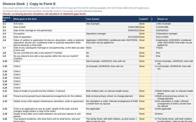 Copy to Form E: every answer in the form's order