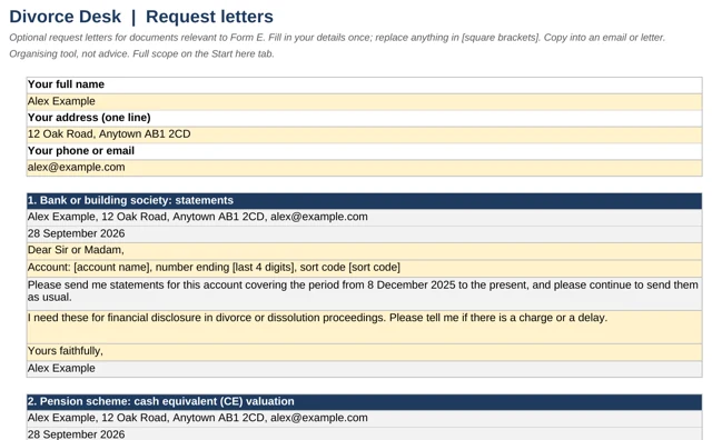 Letters: seven request letters, filled in from your details